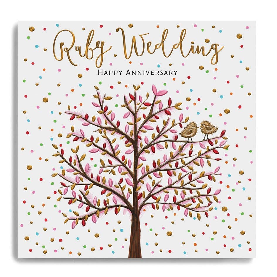 Ruby Wedding Anniversary Card - Large Tree With Pink Leaves