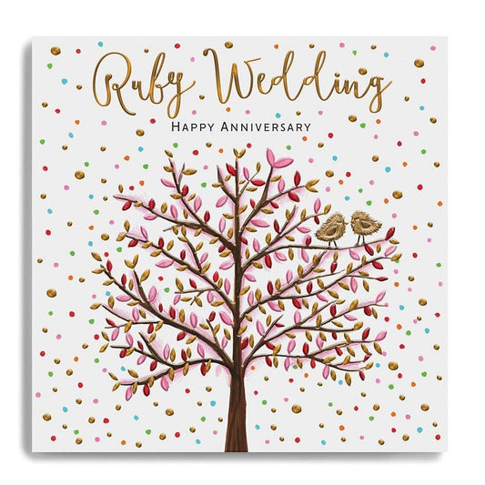 Ruby Wedding Anniversary Card - Large Tree With Pink Leaves