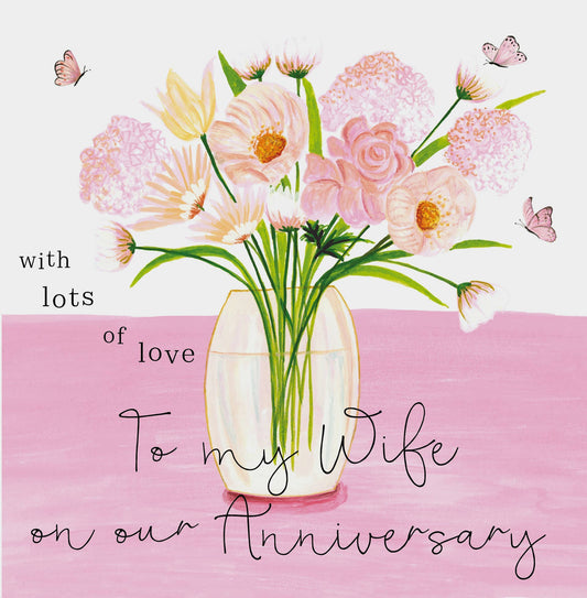 Card - To My Wife On Our Anniversary - Vase Of Pink Flowers