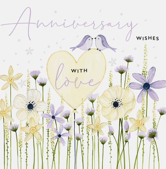 Anniversary Card With Heart Balloon, Birds & Flowers