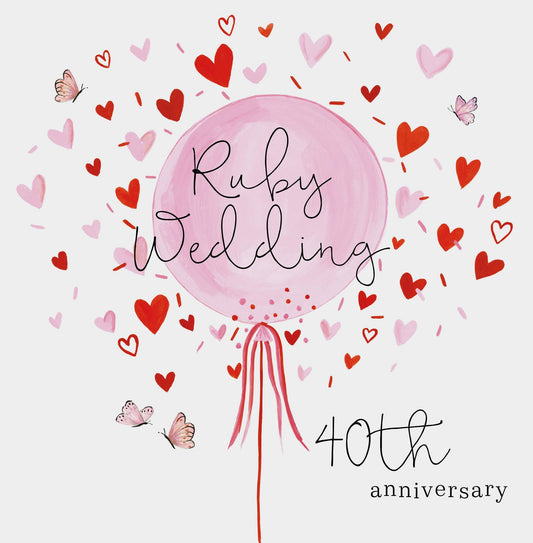 Ruby Wedding 40th Anniversary Card With Balloon & Hearts