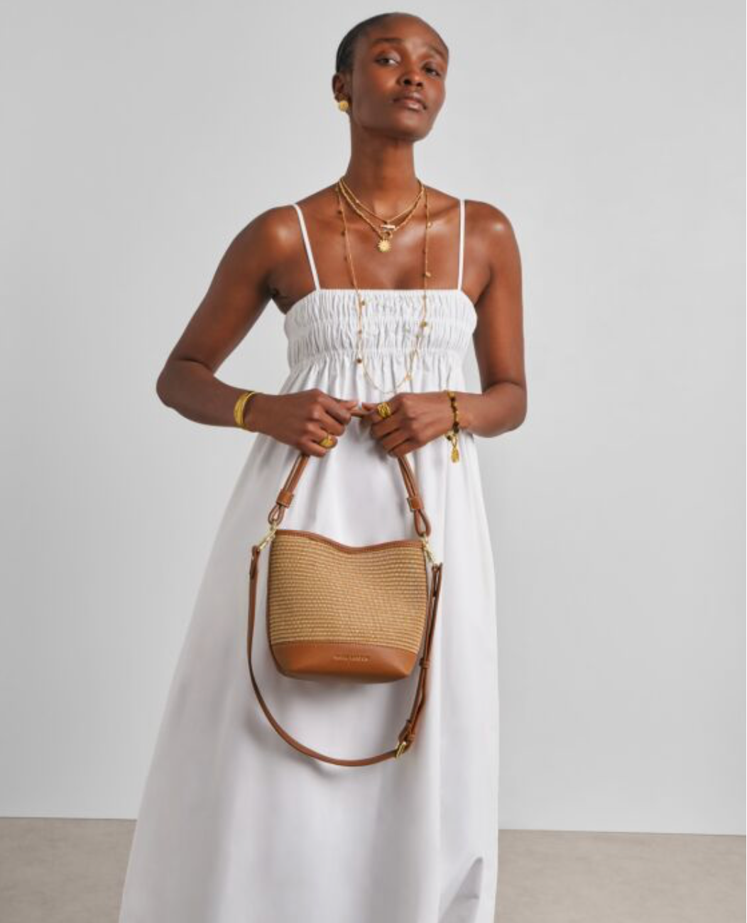 Katie Loxton | Cognac Sorrento Striped Raffia Bucket Bag