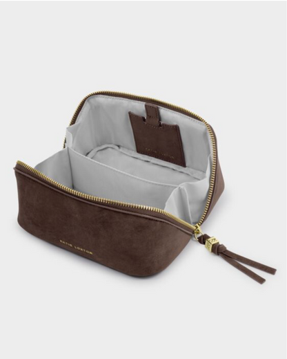 Katie Loxton | Chocolate Suedette Fold Out Makeup Bag With Mirror