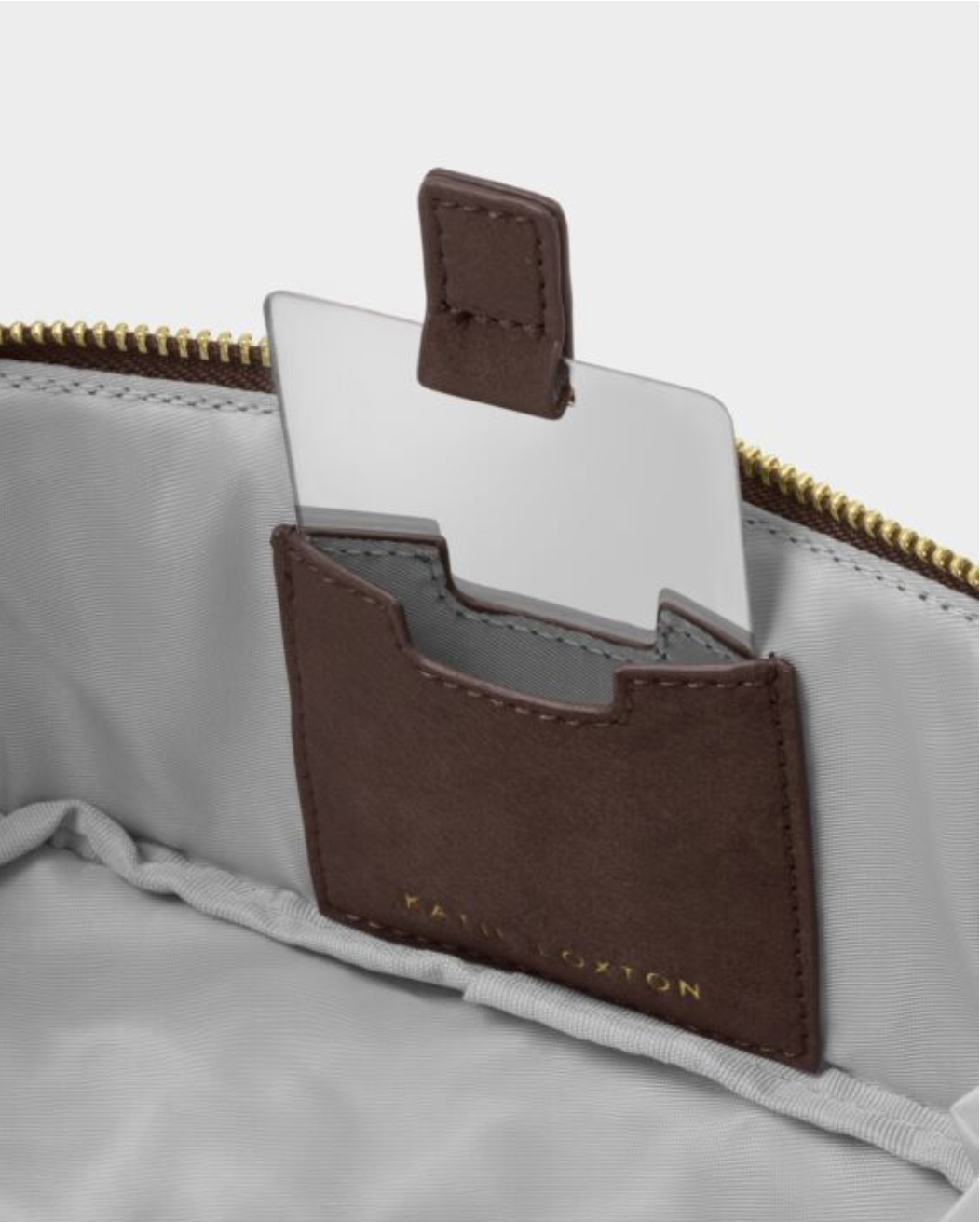 Katie Loxton | Chocolate Suedette Fold Out Makeup Bag With Mirror