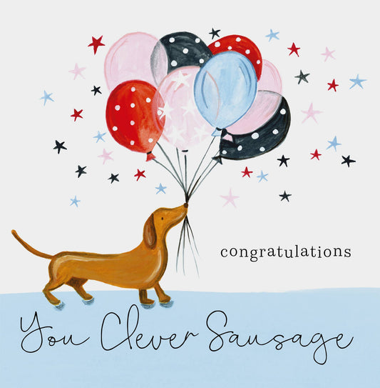 Congratulations Clever Sausage Dog Card With Balloons